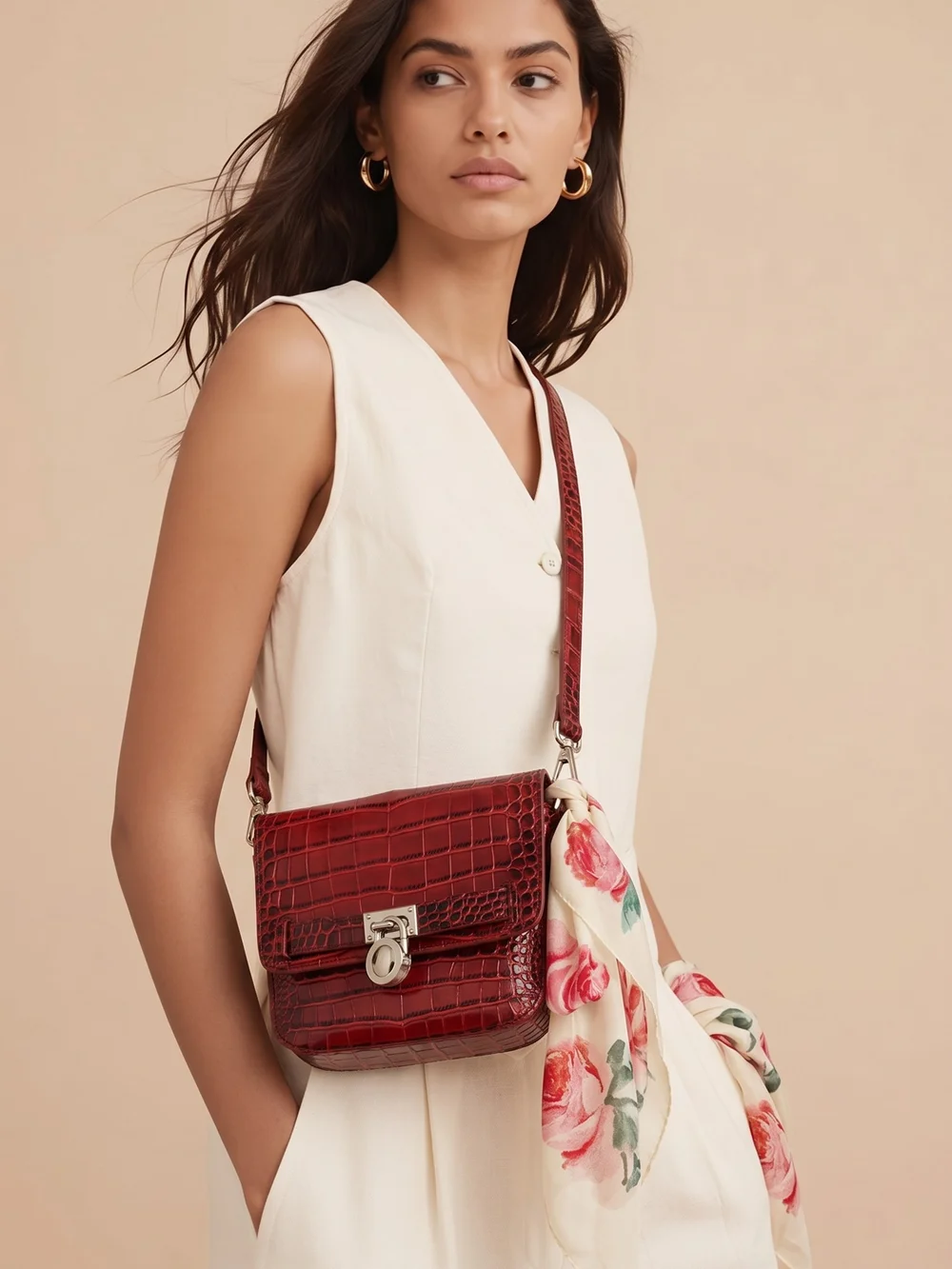 Red Croc-Embossed  Faux Leather Crossbody Bag with Floral Scarf